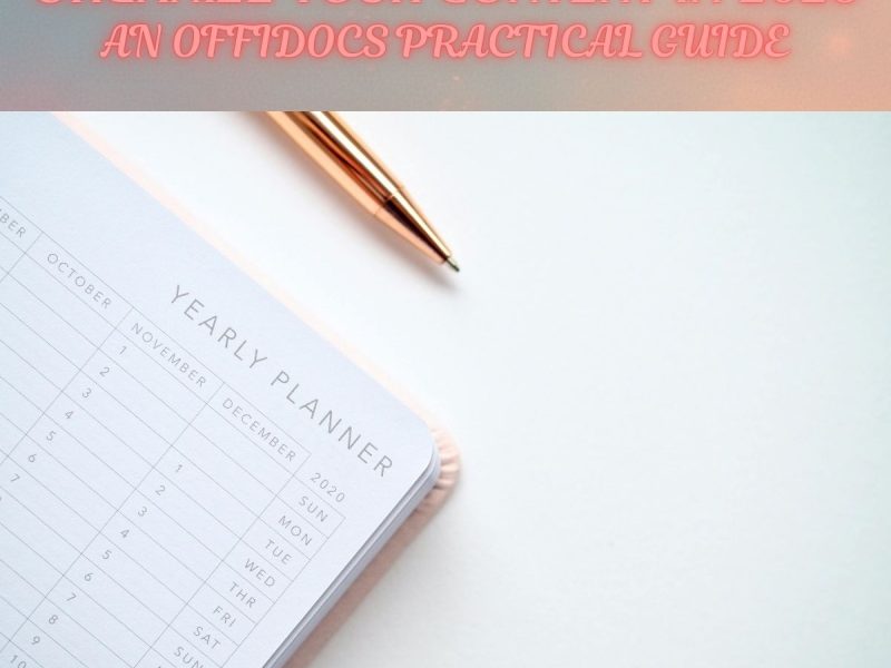 Yearly planner and gold pen on a clean white desk, used as a banner for the article “Organize Your Content in 2026 – An OffiDocs Practical Guide.”