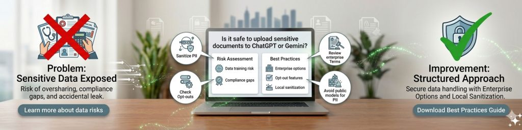 Illustration of a secure workflow where a document is cleaned, redacted, and prepared before being uploaded to AI tools for analysis or editing.