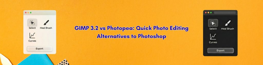 A side-by-side graphical comparison of user interface windows for GIMP 3.2 (on a light theme) and Photopea (on a dark theme). Both screens feature icons for "Select," "Heal Brush," "Curves," and an "Export" button, indicating similar capabilities for quick image editing.