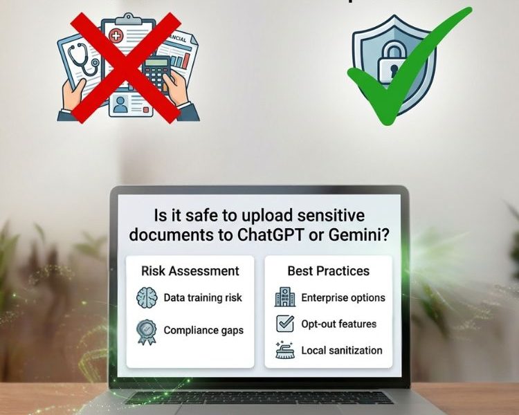 Diagram showing a document being uploaded to AI tools like ChatGPT and Gemini with warnings about sensitive data, privacy risks, and document security.