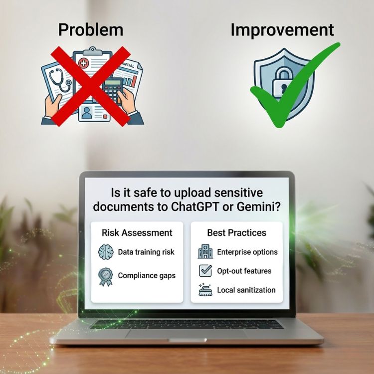 Diagram showing a document being uploaded to AI tools like ChatGPT and Gemini with warnings about sensitive data, privacy risks, and document security.