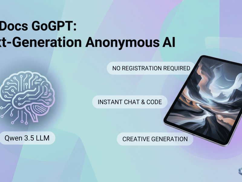 A clean and modern digital promotional graphic for "OffiDocs GoGPT: Next-Generation Anonymous AI." The background is a gradient of lavender and blue with subtle geometric shapes. On the left, a large, glowing, cyan and purple circuit-board brain floats above the text "Qwen 3.5 LLM". In the center, three stacked gray text bubbles with black text read: "NO REGISTRATION REQUIRED", "INSTANT CHAT & CODE", and "CREATIVE GENERATION". On the right, an angled tablet floats, displaying a screen filled with colorful, swirling abstract landscape art. The OffiDocs logo is in the bottom right corner.