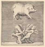 Free download A Belted Pig and Two Cupids (or Geniuses) with a Butterfly (or Moth) free photo or picture to be edited with GIMP online image editor