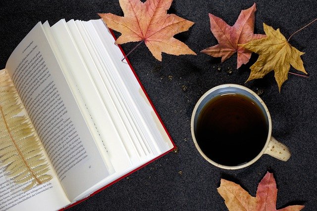 Scarica gratuitamente un libro di foglie d'acero del tè che cadono la foto gratis della tazza da modificare con l'editor di immagini online gratuito di GIMP