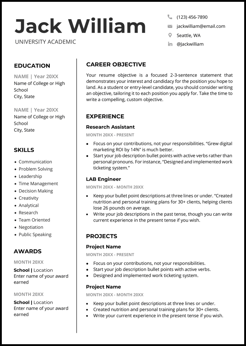 Black and white academic Microsoft Word resume template