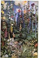 Free download A Childs Garden with Hollyhocks (1905) by Jessie Willcox Smith (1863-1935) free photo or picture to be edited with GIMP online image editor