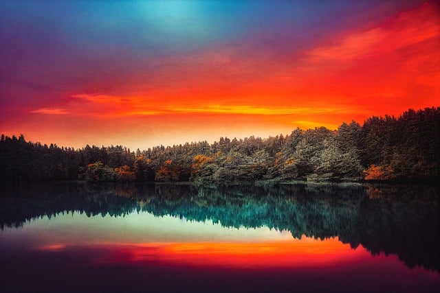 Téléchargement gratuit de l'image gratuite des arbres du coucher du soleil du lac généré par ai à éditer avec l'éditeur d'images en ligne gratuit GIMP