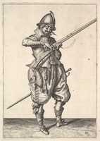 Free download A soldier on guard shaping the match between his thumb and his forefinger, from the Marksmen series, plate 41, in Wapenhandelinghe van Roers Musquetten Ende Spiessen (The Exercise of Arms) free photo or picture to be edited with GIMP online image editor