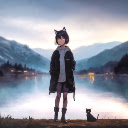 Сat girl on a mountain lake  screen for extension Chrome web store in OffiDocs Chromium
