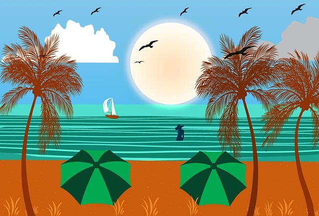 Bezpłatne pobieranie zdjęć łodzi na plaży, palm, wybrzeży, wody, do edycji za pomocą bezpłatnego edytora obrazów online GIMP
