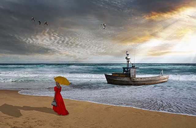 Free download beach woman boat seascape sunset free picture to be edited with GIMP free online image editor