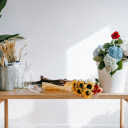 Bouquet of hydrangeas and rose on table with sunflowers  screen for extension Chrome web store in OffiDocs Chromium