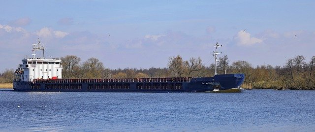 Free download cargo ship river bank nature bow free picture to be edited with GIMP free online image editor