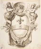 Free download Cartouche with Coat of Fleur de Lys surrounded by two Female Figures handing Garlands, a Gargoyle Head as a Support and a Human Head in a Sea-Shell on the Top free photo or picture to be edited with GIMP online image editor