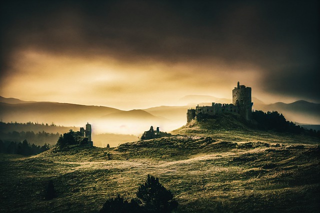 Bezpłatne pobieranie zamku zachód słońca średniowieczne ruiny bez mgły zdjęcie do edycji za pomocą bezpłatnego edytora obrazów online GIMP