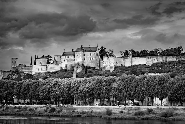 Free download castle trees sky clouds monochrome free picture to be edited with GIMP free online image editor