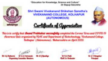 Free download Certificate For Anand Prabhakar For COVID 19 AWARENESS QUIZ, Organised By Vivekanand College, Kolhapur ( Autonomous) free photo or picture to be edited with GIMP online image editor