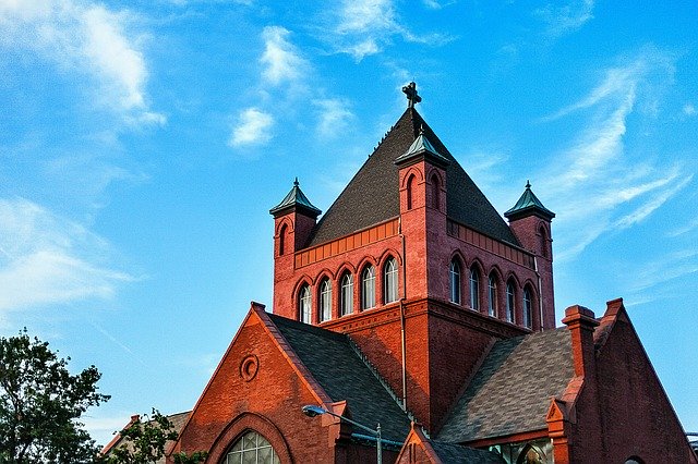 Free download Church Blue Sky Sunny Brick -  free photo or picture to be edited with GIMP online image editor