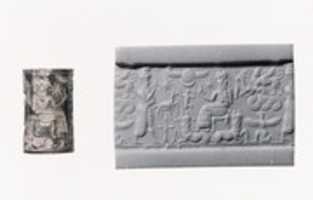 Free download Cylinder seal: royal worshiper before a god on a throne with bulls legs; human-headed bulls below free photo or picture to be edited with GIMP online image editor