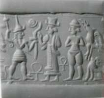 Free download Cylinder seal: smiting weather god before a Syrian goddess, nude goddess; ankh symbols free photo or picture to be edited with GIMP online image editor