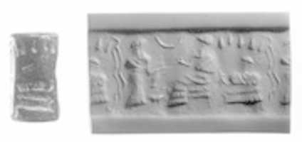 Free download Cylinder seal: worshiper before a seated ruler or deity; seated female under a grape arbor free photo or picture to be edited with GIMP online image editor