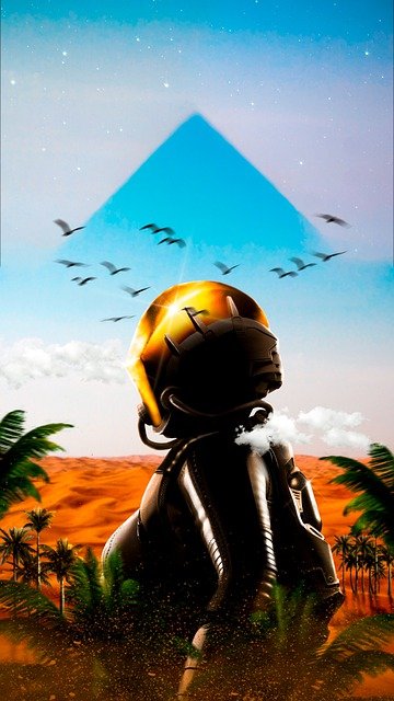 Free download desert astronaut pyramid palm trees free picture to be edited with GIMP free online image editor