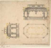 Free download Design for a Bath in the Form of an Elongated Polygonal Temple, Plan and Two Elevations free photo or picture to be edited with GIMP online image editor