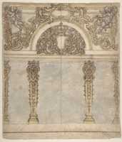 Free picture Design for an Alcove with a Coat of Arms Flanked by Putti Bearing a Crown, Supported by Pilasters with Human Heads in Capitals. to be edited by GIMP online free image editor by OffiDocs