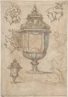 Free download Design for an Urn Surrounded by Three Heads; Two Nude Male Figures and an Urn (Recto). Decorative Urn and a Nude Male Figure (Verso). free photo or picture to be edited with GIMP online image editor