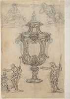 Free download Design for a Vessel Decorated with Volutes, Leaves and a Coat of Arms (Recto). Design for an Urn with studies of a Muscular Nude Male Figure on a Rock and figures for a Baptism (Verso). free photo or picture to be edited with GIMP online image editor