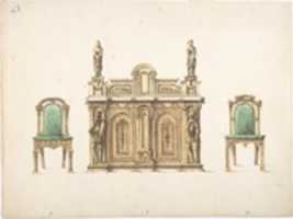 Free download Design for Cabinet Ornamented with Carved Knights and Ladies, and Two Chairs free photo or picture to be edited with GIMP online image editor