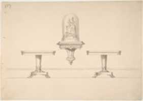Free download Design for Two Round Pedestal Tables and Rococo-style Carved Shelf Supporting a Clock under Glass free photo or picture to be edited with GIMP online image editor