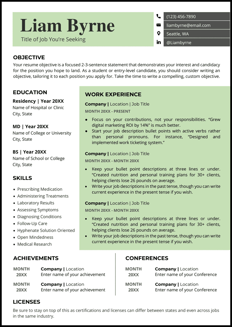 The doctor's orders Word resume template with green color blocks
