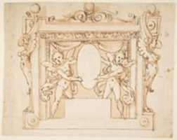 Free download Drawing for a Memorial Tablet: Two Winged Children Holding an Empty Oval in a Frame with Gryphons free photo or picture to be edited with GIMP online image editor
