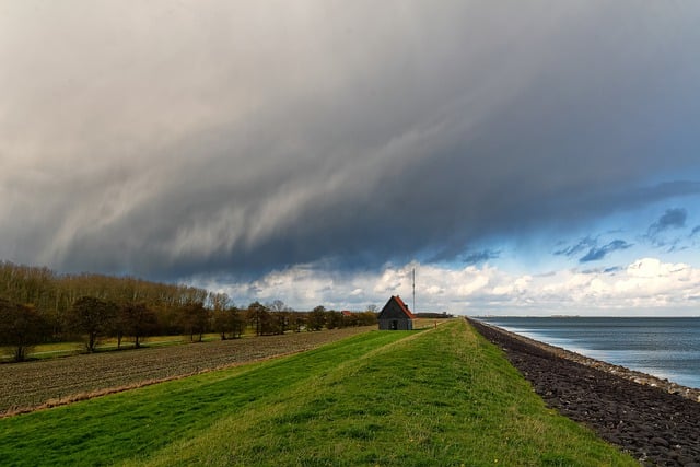 Free download dyke barn trees ijsselmeer clouds free picture to be edited with GIMP free online image editor