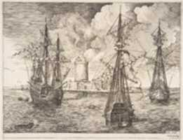 Free download Four-master and Two Three-masters Anchored near a Fortified Island from The Sailing Vessels free photo or picture to be edited with GIMP online image editor