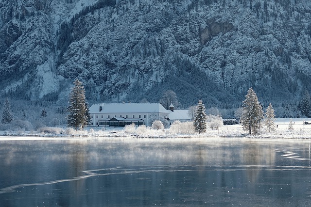 Free download frozen lake snow house bank lake free picture to be edited with GIMP free online image editor