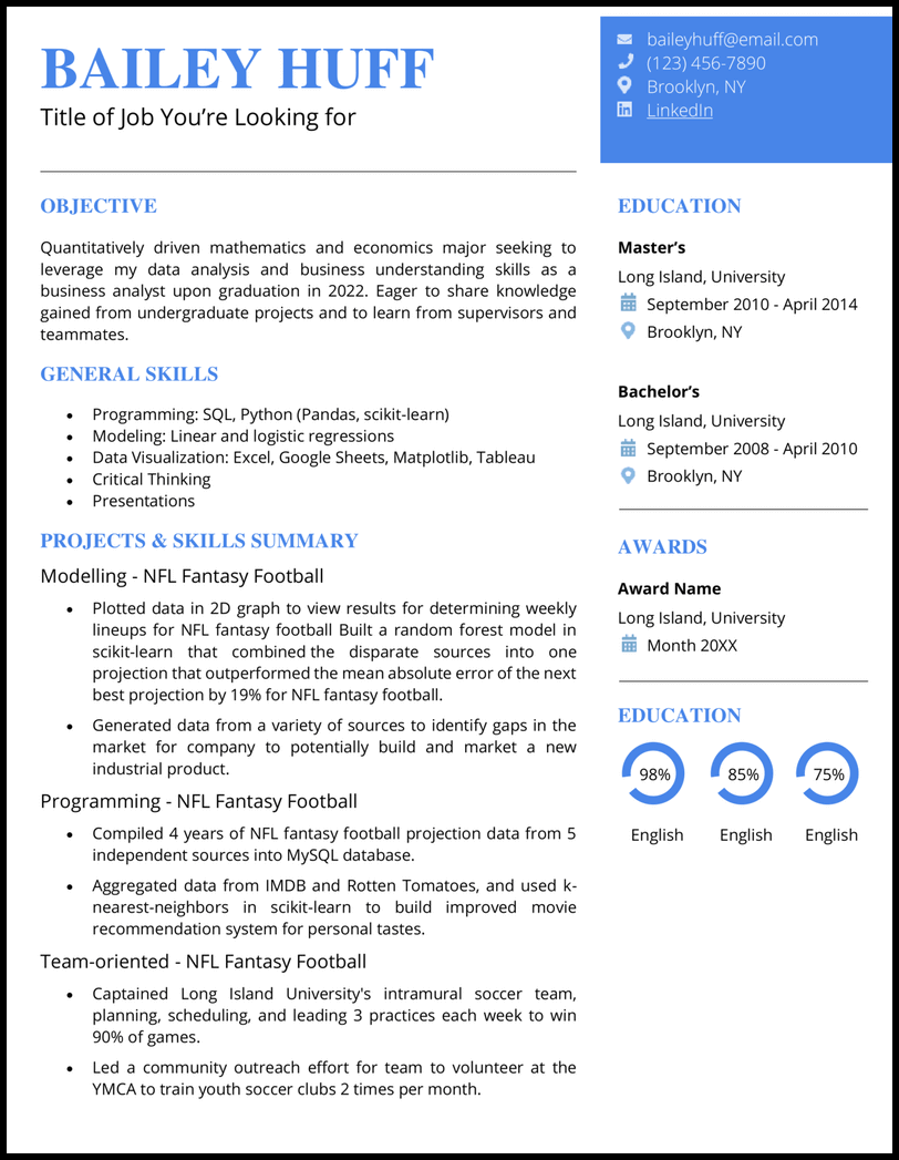 Functional Word resume template with blue contact header and section headers 