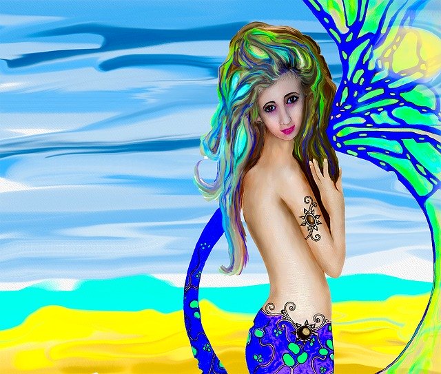 免费下载女孩幻想艺术美人鱼绘画 - 使用 GIMP 免费在线图像编辑器编辑的免费插图