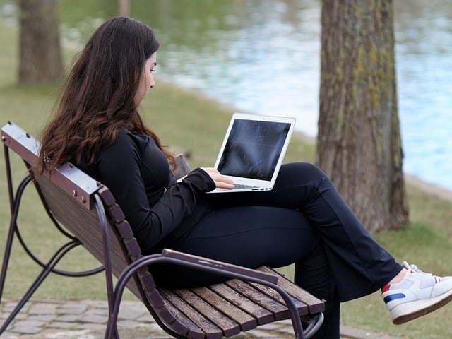 Free download girl laptop sitting bench casual free picture to be edited with GIMP free online image editor