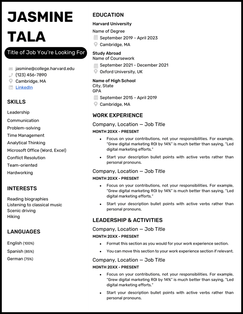 Black and white Harvard resume template with study abroad and leadership and activities experience