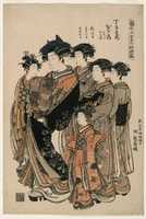 Free download Hinazuru, a Yoshiwara Beauty of the Tea House Chojiya with Five Attendants free photo or picture to be edited with GIMP online image editor