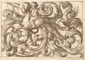 Free download Horizontal Panel Design with a Sphinx, Two Putti and a Lionesque Fantastical Creature Interspersed Between Acanthus Rinceaux. free photo or picture to be edited with GIMP online image editor