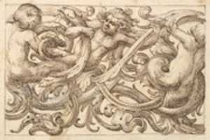 Free download Horizontal Panel Design with Three Male Figures Interspersed between Acanthus Rinceaux free photo or picture to be edited with GIMP online image editor