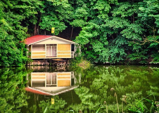 Free download hut lake forest water reflections free picture to be edited with GIMP free online image editor