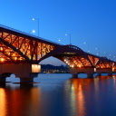 Illuminated Bridge Spanning a Tranquil River at Dusk  screen for extension Chrome web store in OffiDocs Chromium