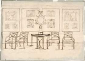 Free download Interior with Four Armchairs, a Round Mirror, Demilune Table and Framed Prints or Drawings free photo or picture to be edited with GIMP online image editor