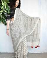 Free download IVORY BLACK BLOCK PRINTED COTTON MUL SAREE free photo or picture to be edited with GIMP online image editor