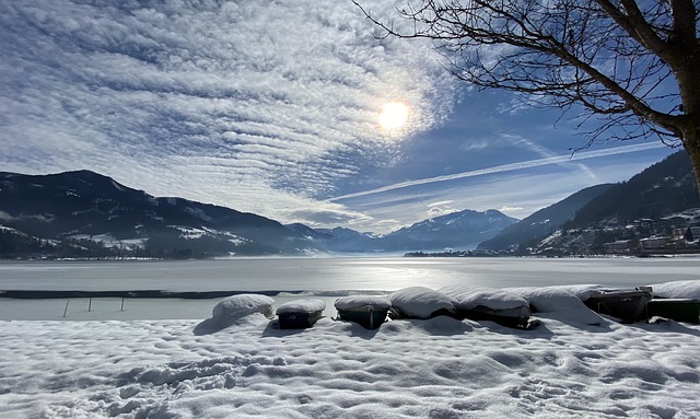 Free download lake boats snow sun mountains free picture to be edited with GIMP free online image editor