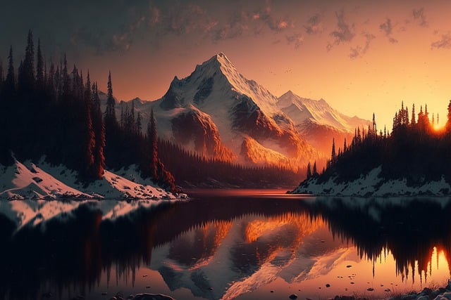 Baixe gratuitamente a imagem gratuita do pôr do sol da floresta da montanha nevada do lago para ser editada com o editor de imagens on-line gratuito do GIMP